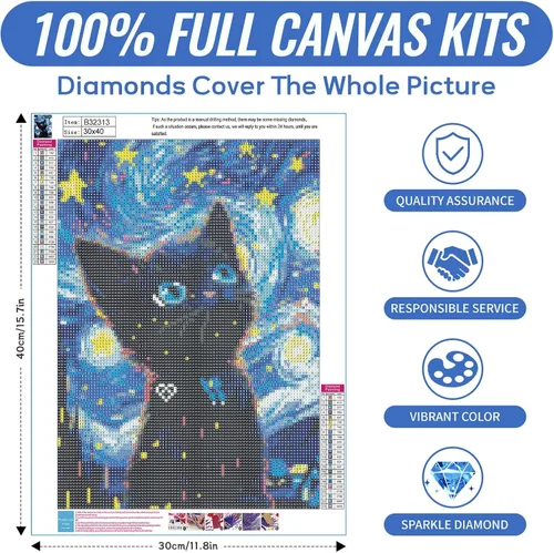 Vista 2 de Kits de Arte de Diamantes de Gato de SANYUN para Adultos, Kits de Pintura de Diamantes de Noche Estrellada, Pinturas de Animales con Diamantes