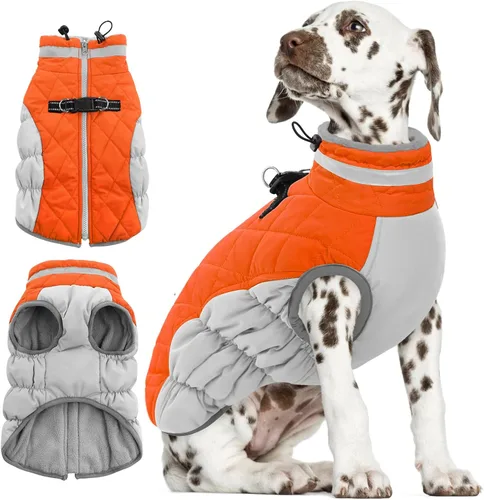 Vista 25 de AOFITEE Abrigo para perro, chaquetas cálidas para perros pequeños, abrigo de invierno para perros con arnés integrado, chaqueta de invierno