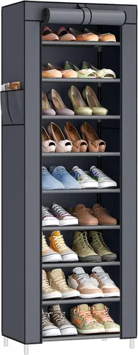 Vista 7 de SONGMICS Estante para zapatos de 10 niveles, gabinete de almacenamiento con cubierta a prueba de polvo, organizador de almacenamiento independiente