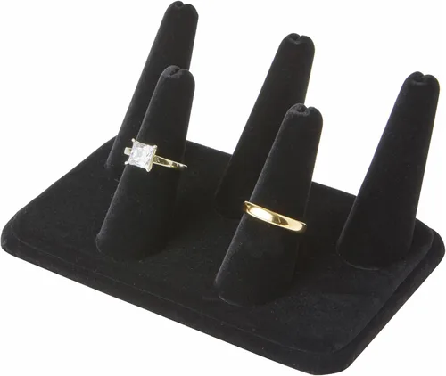 Vista 2 de Plymor Pantalla de dedo de anillo de terciopelo negro, cinco en base rectangular, 5.25 pulgadas de ancho x 3.625 pulgadas de profundidad x 2.25