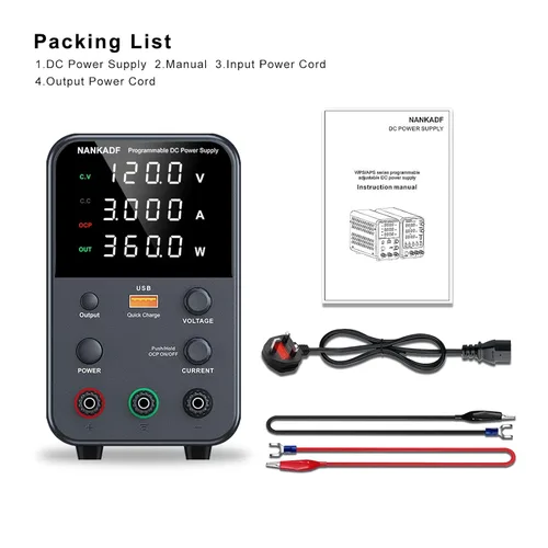Vista 6 de Fuente de alimentación de banco variable de CC con perilla de codificador, activación/desactivación de salida, carga rápida USB, alarma de Negro