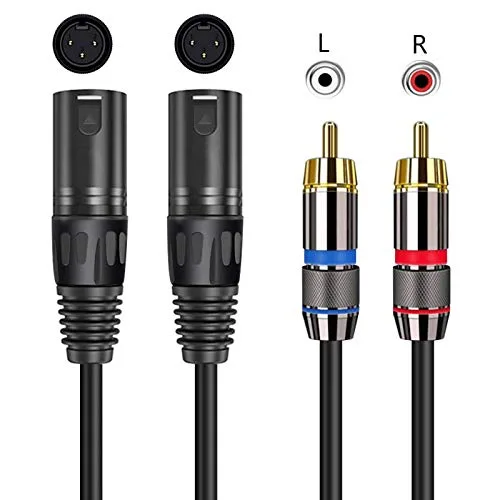 Vista 2 de Cable doble RCA macho a XLR macho, 5 pies, negro, interior, 4 pines, 0.236 in, macho a macho, transmisión de audio, compatible con altavoz