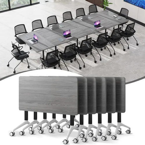 Vista 19 de Mesa de sala de conferencias, mesa de conferencias de 55.1 pulgadas con ruedas, moderna mesa de entrenamiento de conferencias de color madera Nuez