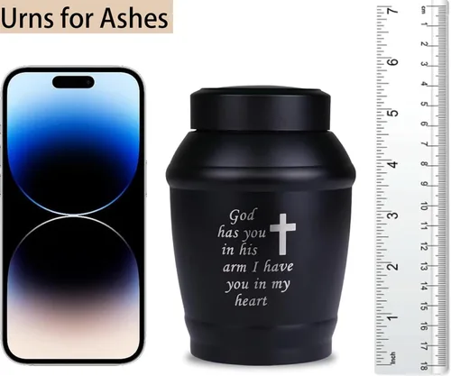 Vista 2 de Urna de cremación de acero inoxidable con cruz negra de 5.8 pulgadas para cenizas adultas, hombres o mujeres, urna conmemorativa funeraria