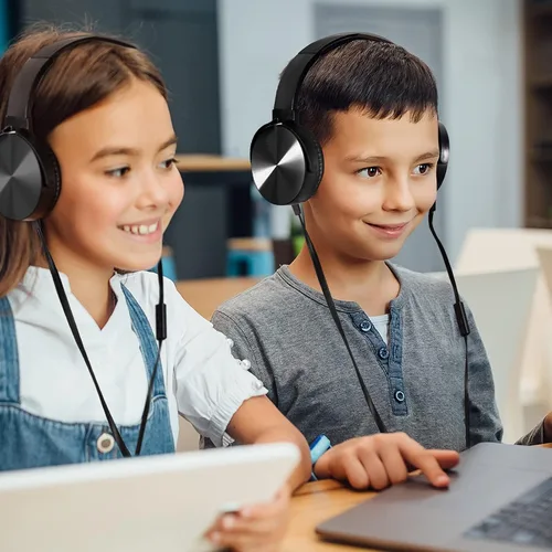Vista 6 de Sonitum Juego de auriculares y micrófono de alta calidad para el aula, auriculares estéreo con micrófono y almohadillas giratorias suaves