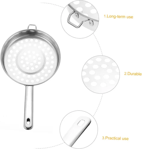 Vista 6 de Colador de fondo plano de acero inoxidable, cuchara de cocina de agujero grande para filtrar ollas calientes y camarones, colador de malla