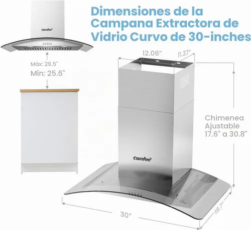 Vista 8 de COMFEE' Campana extractora de pared de 30 pulgadas, 450 CFM convertible sin conductos/conductos