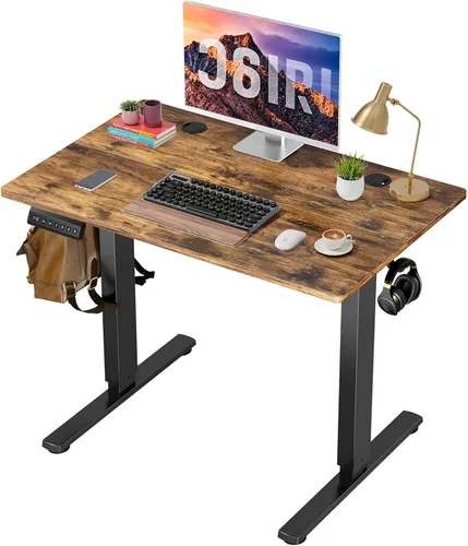 Vista 12 de Escritorio eléctrico de pie de 48 x 24 pulgadas, altura de memoria, ergonómico, de pie a pie, mesa de computadora con 2 ganchos y agujero para Marrón