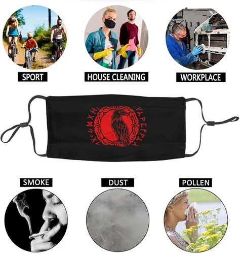 Vista 5 de Máscara facial de tela para adultos y niños, Odin Raven Vikings Runes Huginn Muninn Myth - Cubrebocas antipolvo, pasamontañas reutilizables
