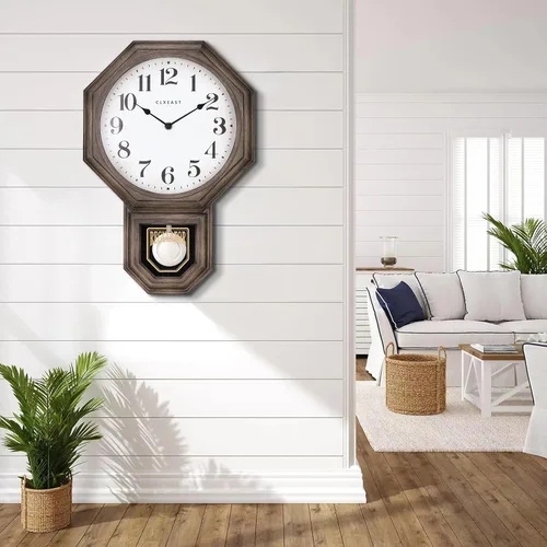 Vista 6 de Reloj de Pared de Péndulo, Relojes de Pared de Péndulo Regulador de Escuela Grandes para Decoración de Sala de Estar, Plástico con Acabado de Roble