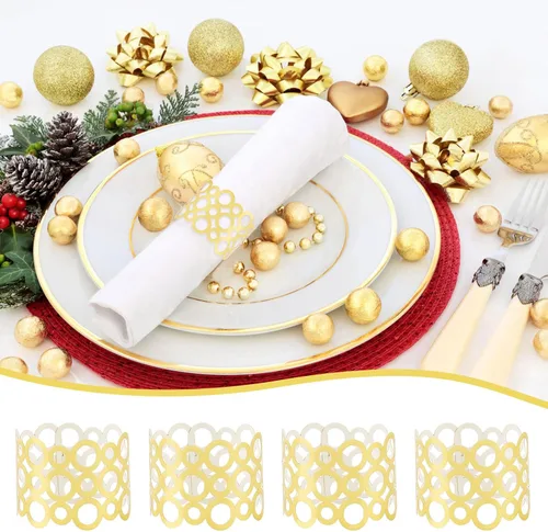 Vista 3 de Juego de 100 servilleteros de papel desechables, servilleteros dorados cortados con láser, banda de servilletas de papel de Navidad para bodas