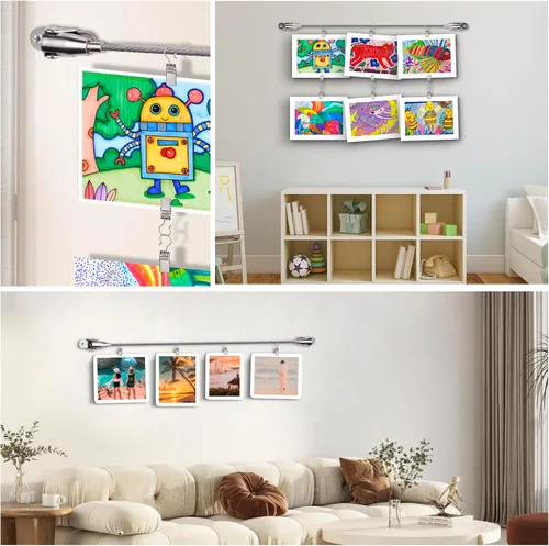 Vista 2 de Expositor de arte para niños, kit para colgar cuadros en la pared con 50 clips, alambre de 10 pies, adecuado para foto/imagen, almacenamiento