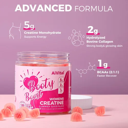 Vista 3 de AiVital™ - Gomitas de creatina para mujeres, 0.18 oz de creatina monohidrato de gomitas + 0.07 oz de colágeno + 0.04 oz de BCAA, fórmula específica