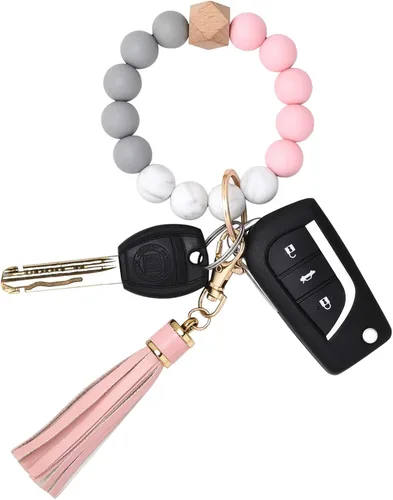 Vista 13 de BAOSIWA Pulsera de cuentas de silicona, llavero de pulsera, cadena para mujer, con borla de cuero Negro
