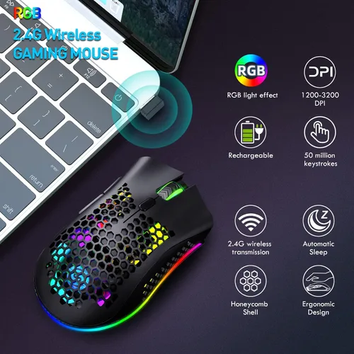 Vista 7 de Mouse inalámbrico ligero para juegos, mouse inalámbrico recargable de 2.4 G con carcasa de panal de abeja, 7 botones, DPI ajustable, receptor USB