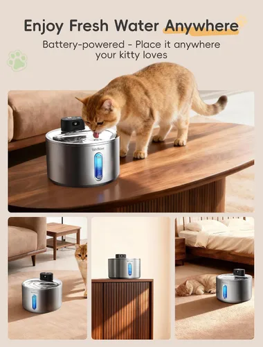 Vista 2 de Fuente de agua inalámbrica para gatos WILKIEE, 135 fl.oz/4L, fuente de agua de acero inoxidable para gatos, dispensador de agua para mascotas