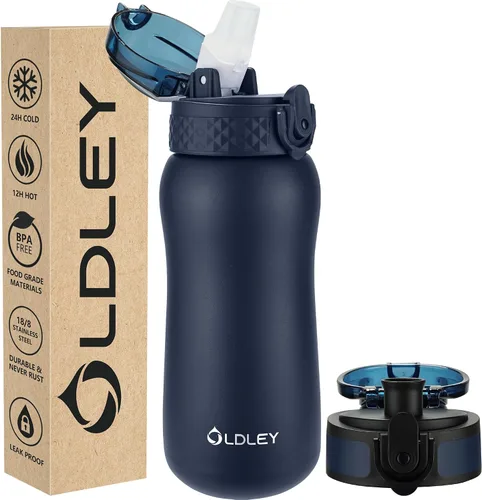 Vista 18 de Botella de agua aislada Oldley de 12 oz con pajita, botella de agua de acero inoxidable con 2 tapas, botellas de doble pared con vacío para adultos