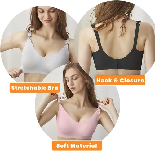 Vista 3 de BOMFWAUPack of 3 Nursing Bras for Breastfeeding and Maternity, Pregnancy Wireless Bralette for Active Moms, BlackPinkSkin