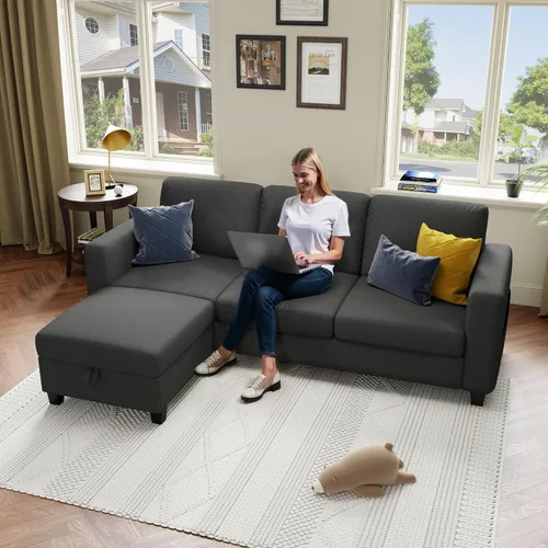 Vista 3 de Sofá seccional y sofás para sala de estar, sofá de lino gris oscuro en forma de L de 78 pulgadas, sofás convertibles modulares de 3 plazas aptos