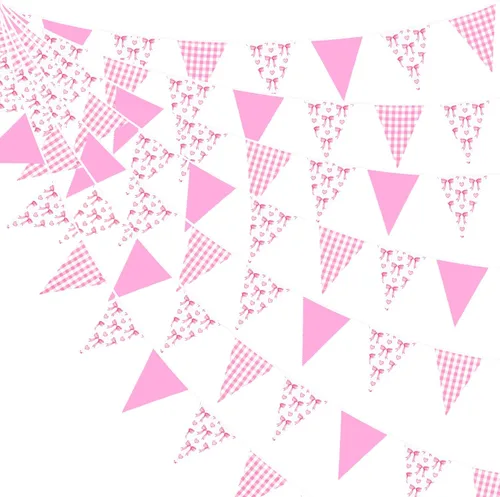 Vista 13 de Decoraciones de fiesta de vaquera de 32 pies con estampado de vaca rosa intenso, bandera triangular, banderines de tela, banderines para vaqueras