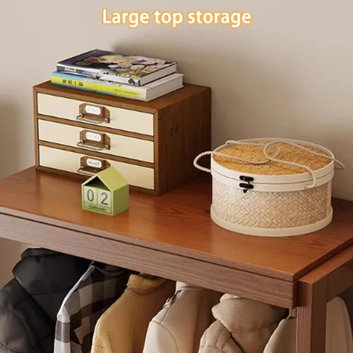 Vista 9 de Perchero de madera maciza, perchero móvil de 360°, perchero de gran capacidad con 4 cajones y un zapatero, perchero para entrada, dormitorio Natural