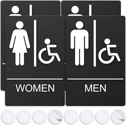 Vista 17 de Letreros de baño, letrero de baño para negocios, para hombres y mujeres, 9 x 6 pulgadas, cumple con la ADA con Braille, adhesivos fuertes de doble