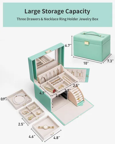 Vista 4 de Vlando Joyero organizador para niñas y mujeres, organizador de joyas barroco grande con espejo, 3 cajones para pulseras, aretes, anillos, collares