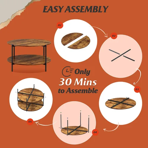 Vista 4 de WLIVE - Mesa de centro redonda, mesa de café pequeña de 32.6" con estante de almacenamiento, mesa de centro de madera de 2 niveles para sala