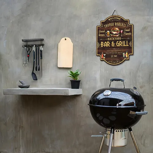 Vista 4 de Artsy Woodsy Letrero personalizado para bar y parrilla en el patio trasero (no tallado o neón), decoración de placa artística de pared, accesorios