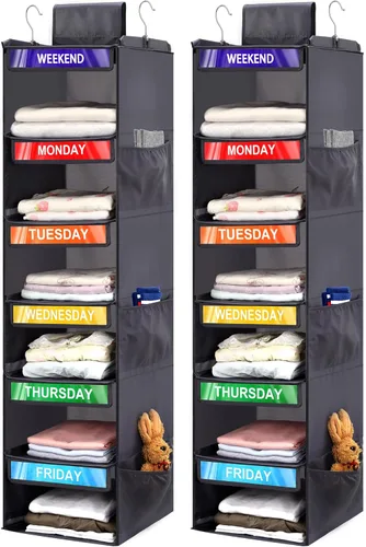 Vista 12 de Organizador semanal de ropa de 6 estantes para niños, organización diaria colgante de armario con 6 bolsillos laterales, divisor de almacenamiento
