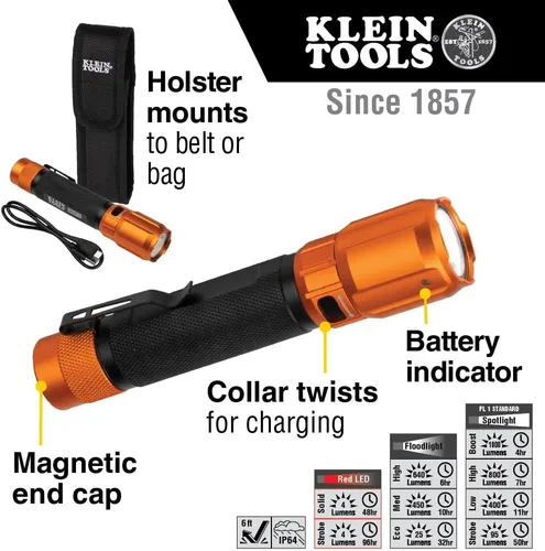 Vista 2 de KLEIN TOOLS 56413 Linterna LED recargable de 2 colores, funda, foco, reflector, LED rojo, 1000 lúmenes, cable USB, camping, caza
