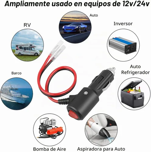 Vista 4 de Enchufe de encendedor de cigarrillos con interruptor Cable de extensión 12-24V enchufe universal con cable de 30 cm 15A para conexión