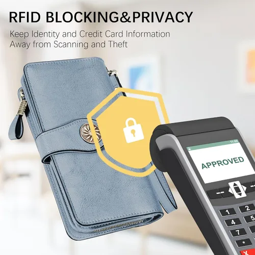 Vista 5 de Travelambo Billetera para mujer de gran capacidad con bloqueo RFID de cuero genuino