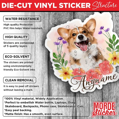 Vista 3 de Calcomanía personalizada con foto de perro y gato, retrato de mascota con nombre y flores, cara, fotos impermeables de vinilo troquelado