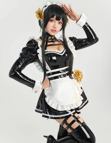 Vista 4 de MEOWCOS - Vestido de sirvienta para mujer, diseño de anime, cosplay, delantal francés, delantal de sirvienta con diadema y calcetines en el muslo