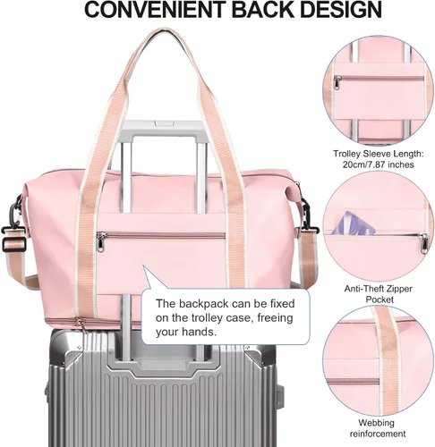 Vista 3 de Bolsa de viaje para mujeres y hombres, bolsa de fin de semana, T7-Rosa