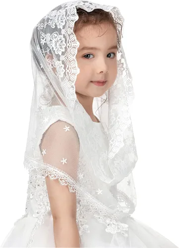 Vista 6 de PAMOR Velos infinitos de primera comunión para niñas velo capilla de encaje velo de mantilla velos de iglesia latina para bautismo católico Blanco B