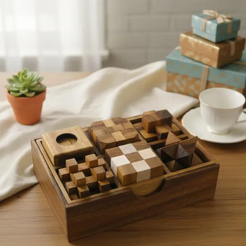 Vista 2 de Juego de regalo de 6 rompecabezas de madera en una caja de madera - Rompecabezas de IQ únicos 3D