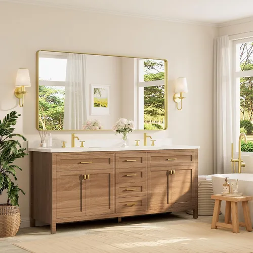 Vista 161 de TETOTE Espejo de marco dorado cepillado de 16 x 24 pulgadas, espejo de tocador de baño de latón dorado para pared, espejo enmarcado rectangular
