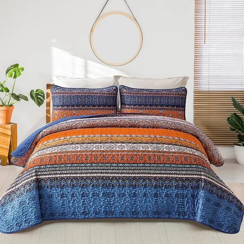 Vista 30 de WONGS BEDDING Juego de edredón bohemio tamaño individual, juego de ropa de cama azul bohemio individual, colcha de microfibra ligera con funda