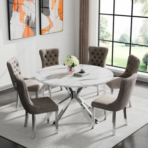 Vista 15 de Juego de 5 mesas de comedor, juego de mesa de cocina y comedor para 4, mesa de cocina rectangular de mármol sintético blanco de 47 pulgadas con base