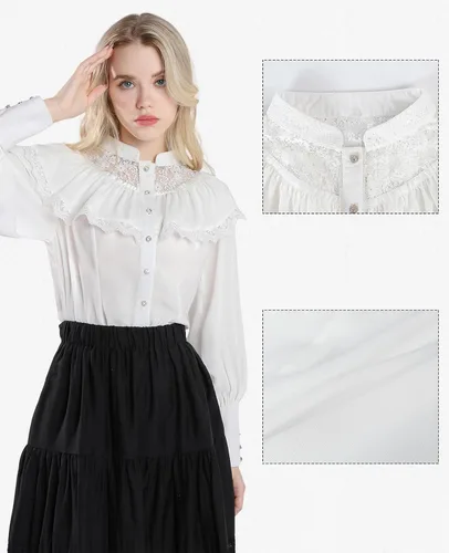Vista 2 de NSPSTT Blusa victoriana para mujer, camisa renacentista de satén con botones, estilo pirata, gótica, manga abombada, blusa blanca