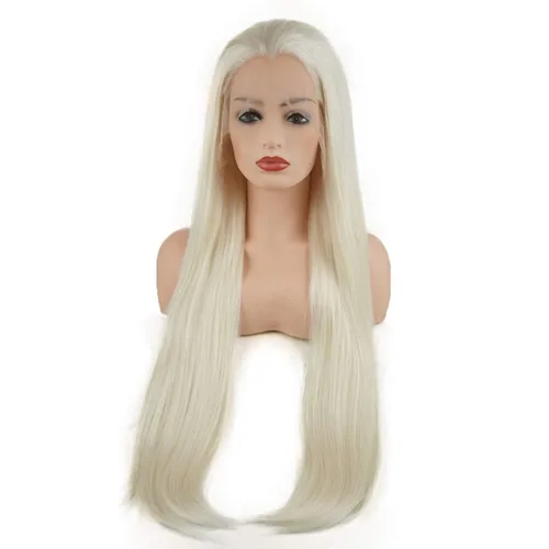 Vista 3 de Pelucas de cabello liso súper largo de 28 pulgadas, mezcla de rubio claro blanco, densidad pesada, pelucas sintéticas con encaje frontal