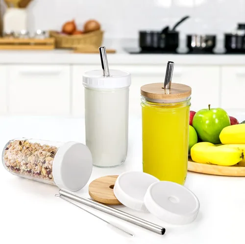 Vista 7 de Yesland Paquete de 6 vasos de vidrio con tapas y pajitas, tarro Mason de 24 onzas, vaso estético para batidos, taza de café y cerveza, taza Boba