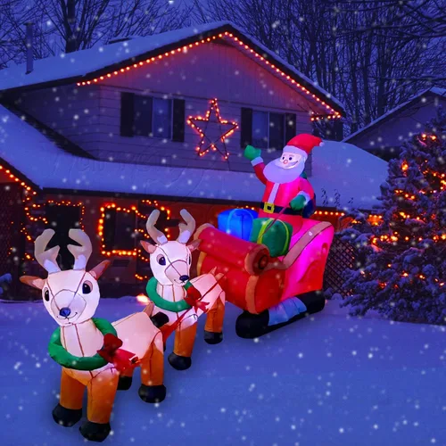 Vista 2 de SEASONBLOW Reno Inflable de Navidad con LED de 8 Pies que Tira del Trineo Llevando a Papá Noel Decoración Navideña para Patio Césped Jardín Hogar