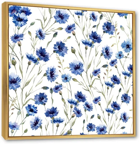 Vista 3 de DesignQ Lienzo enmarcado tradicional con flores silvestres azules con hojas verdes II