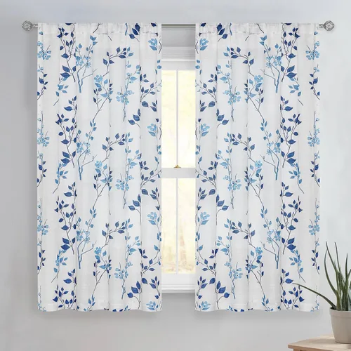 Vista 14 de Beauoop Juego de 2 cortinas semitransparentes de lino floral para sala de Clásico azul y gris