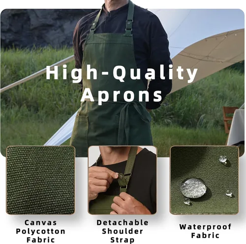 Vista 3 de Delantales de chef para hombres y mujeres con bolsillos grandes, delantal de lona, impermeable, profesional, con 2 bolsillos, 4251 GB