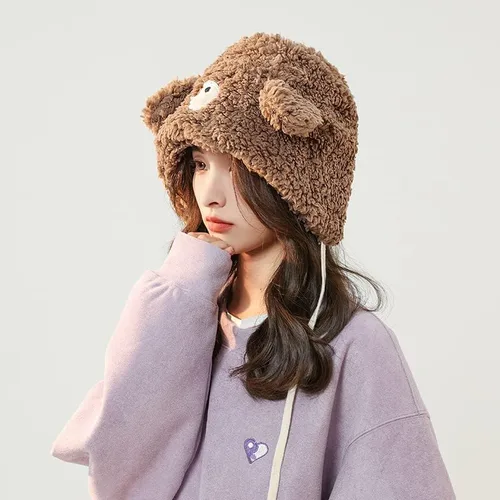 Vista 2 de Lindo sombrero de oreja de oso kawaii estético, gorro de invierno suave y cálido para mujer