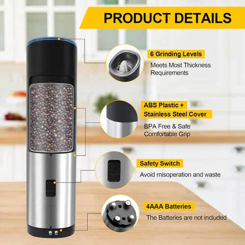 Vista 2 de Gravity - Molinillo eléctrico de sal y pimienta, molinillo de pimienta con batería automática, gran capacidad, grosor ajustable, acero inoxidable